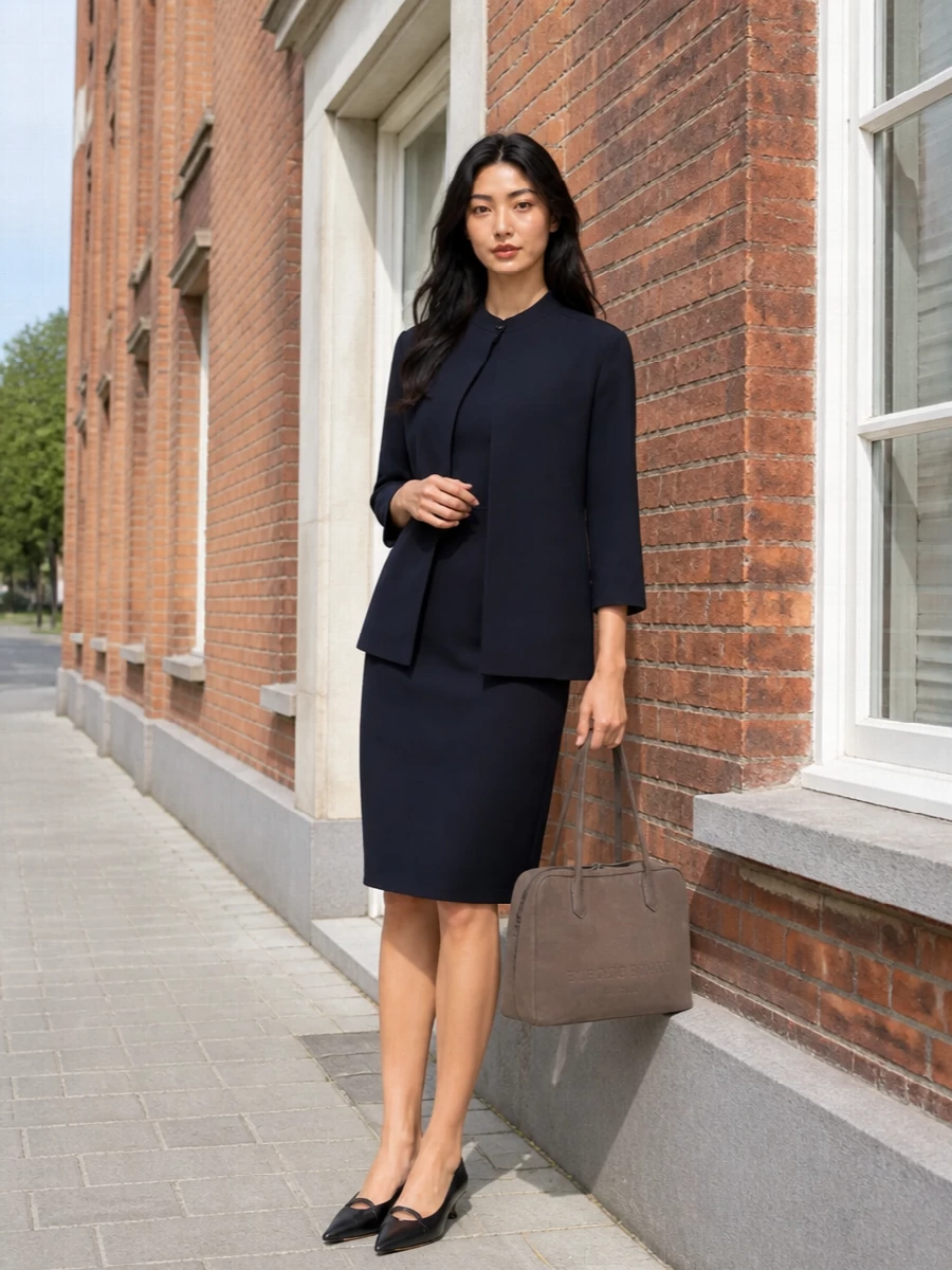 Emporio armani navy sheath dress outfit blazer