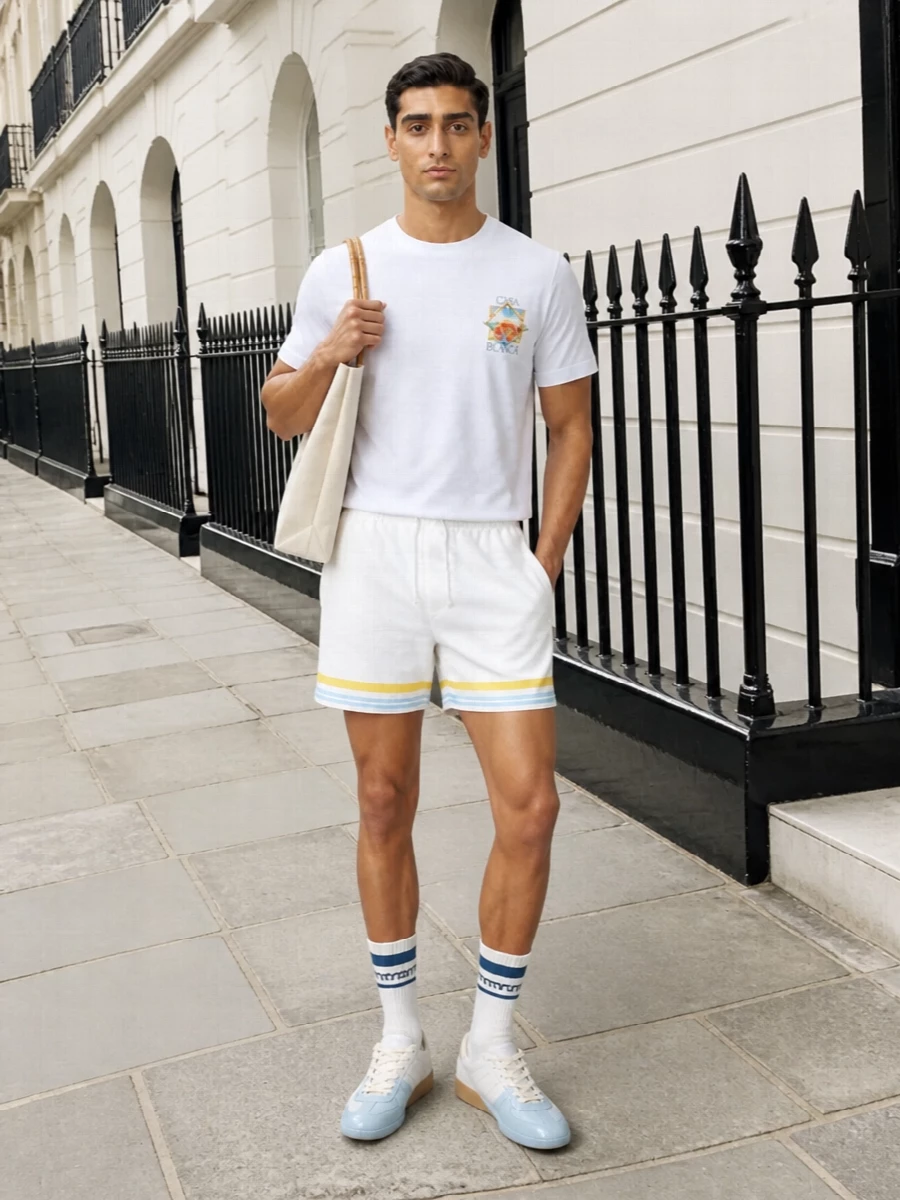 Clean white and sun-washed pastels keep this Casablanca tee and short combination firmly in Riviera territory, casual enough for pool days but polished for a long lunch. Dip-dyed Margiela trainers and a structured Jil Sander canvas tote add quiet texture and depth while staying in a soft, neutral spectrum. The collegiate sock detail is the only wink, keeping the whole outfit relaxed, graphic and confidently understated.