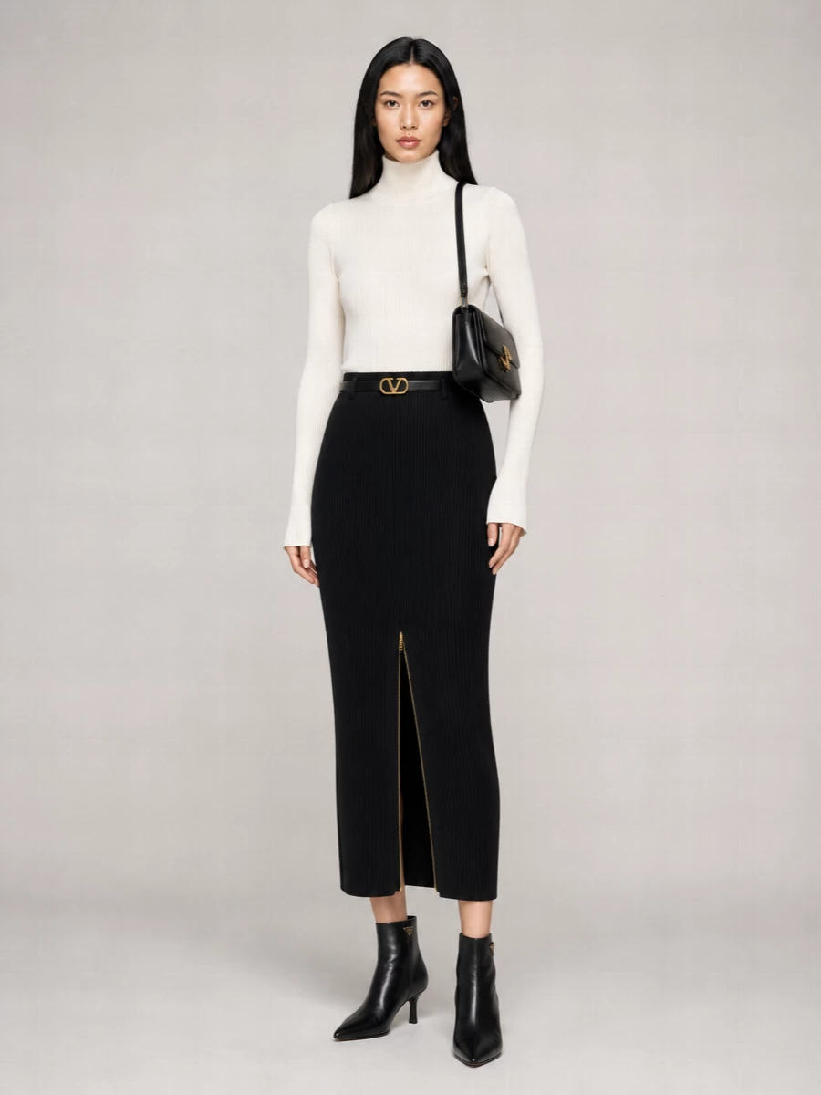 Patou Ribbed Merino Wool Midi Pencil Skirt