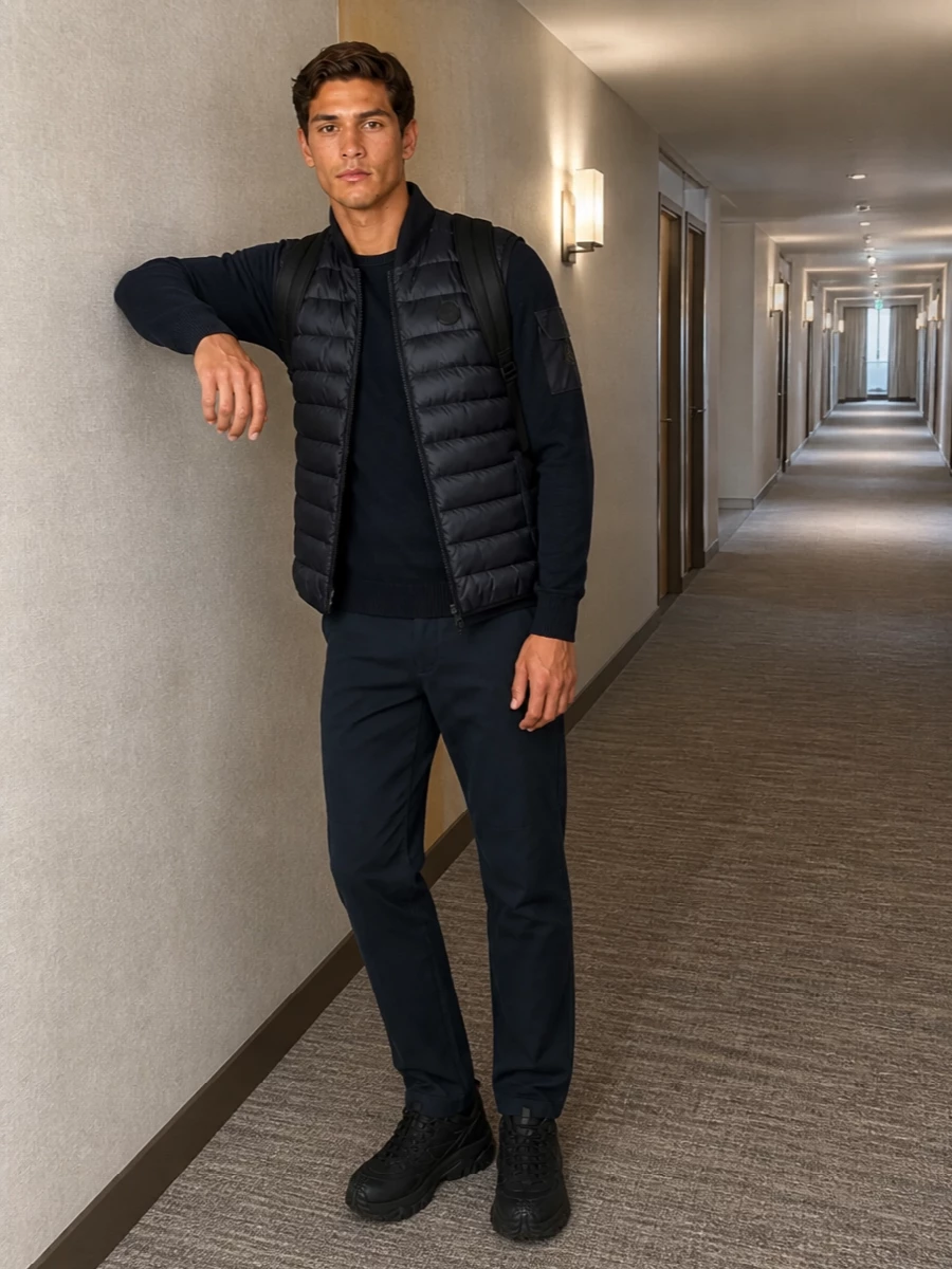 Moncler navy gilet technical pants outfit