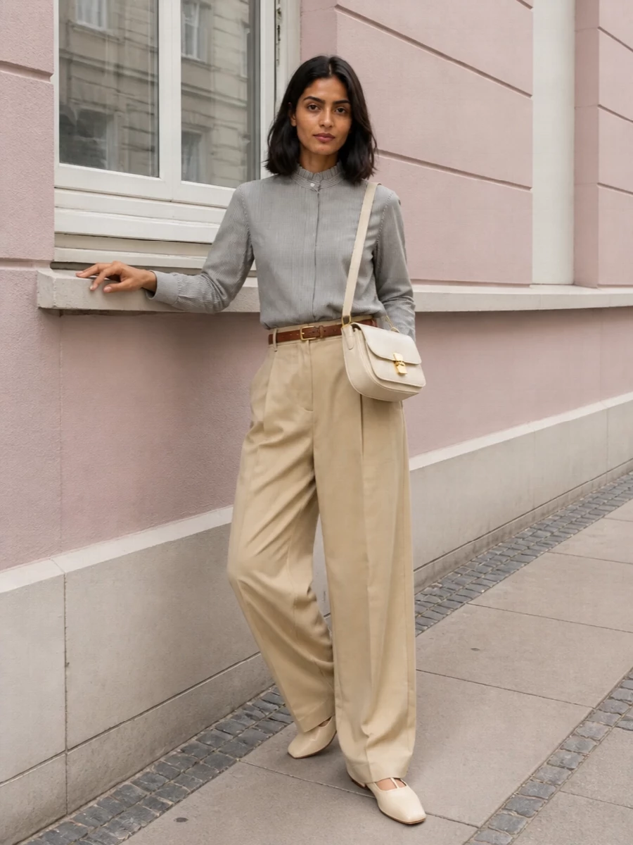 Warm beige tailoring meets fine pinstripes for a precise, quietly confident uniform. The high‑rise wide leg and stand‑collar shirt create a long, clean column, grounded by soft cream flats and a structured ivory bag. Neutrals stay warm and close in tone, so the proportions do the talking instead of the colours.