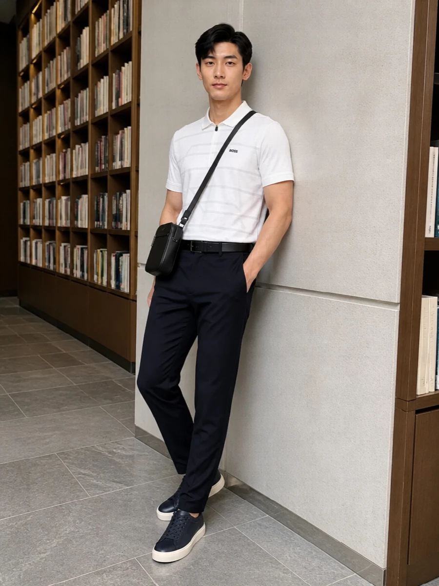 Boss zip polo navy tapered trousers sneakers