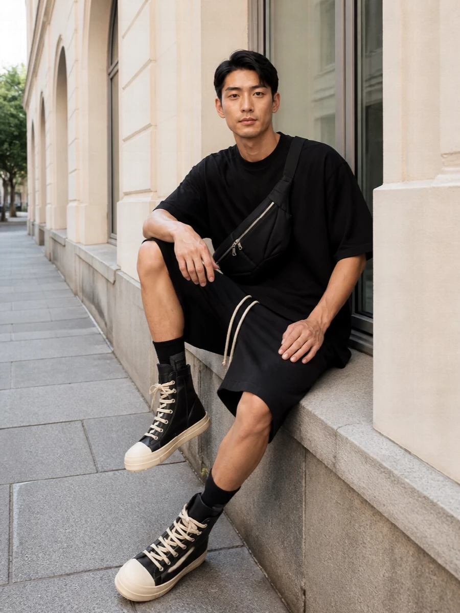 Rick owens black oversized tshirt drop shorts