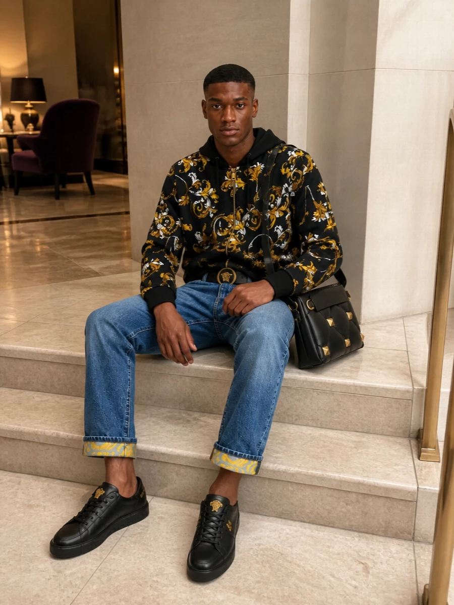 Versace’s baroque zip hoodie sits on turned-up mid-blue denim that flashes gold at the cuff, keeping the drama focused on a tight black and gold story. Black Medusa-detailed sneakers and a studded Valentino shoulder bag keep the energy club-ready without feeling over-styled. A strong Medusa belt locks in the waist, so the whole outfit reads sharp, graphic and ready for late-night city circuits.