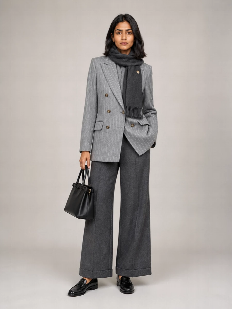 Grey-on-grey pinstripes meet a fluid cuffed trouser for a suit that feels sharp but not rigid. Black loafers and a structured top-handle keep the palette disciplined and quietly strong. A charcoal scarf introduces just enough texture for winter without disturbing the clean tailoring.