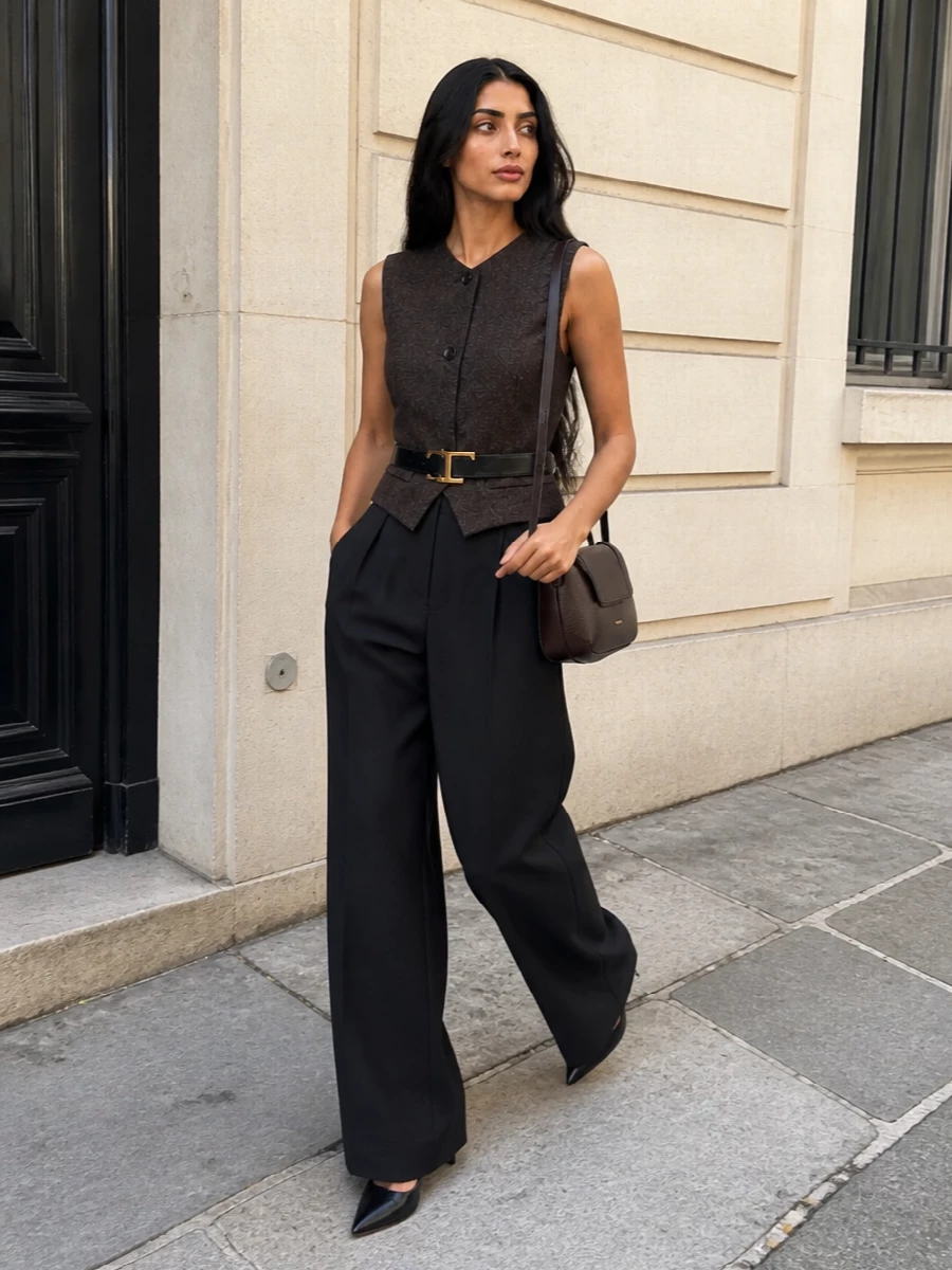 Modern suiting waistcoat wide leg trousers outfit