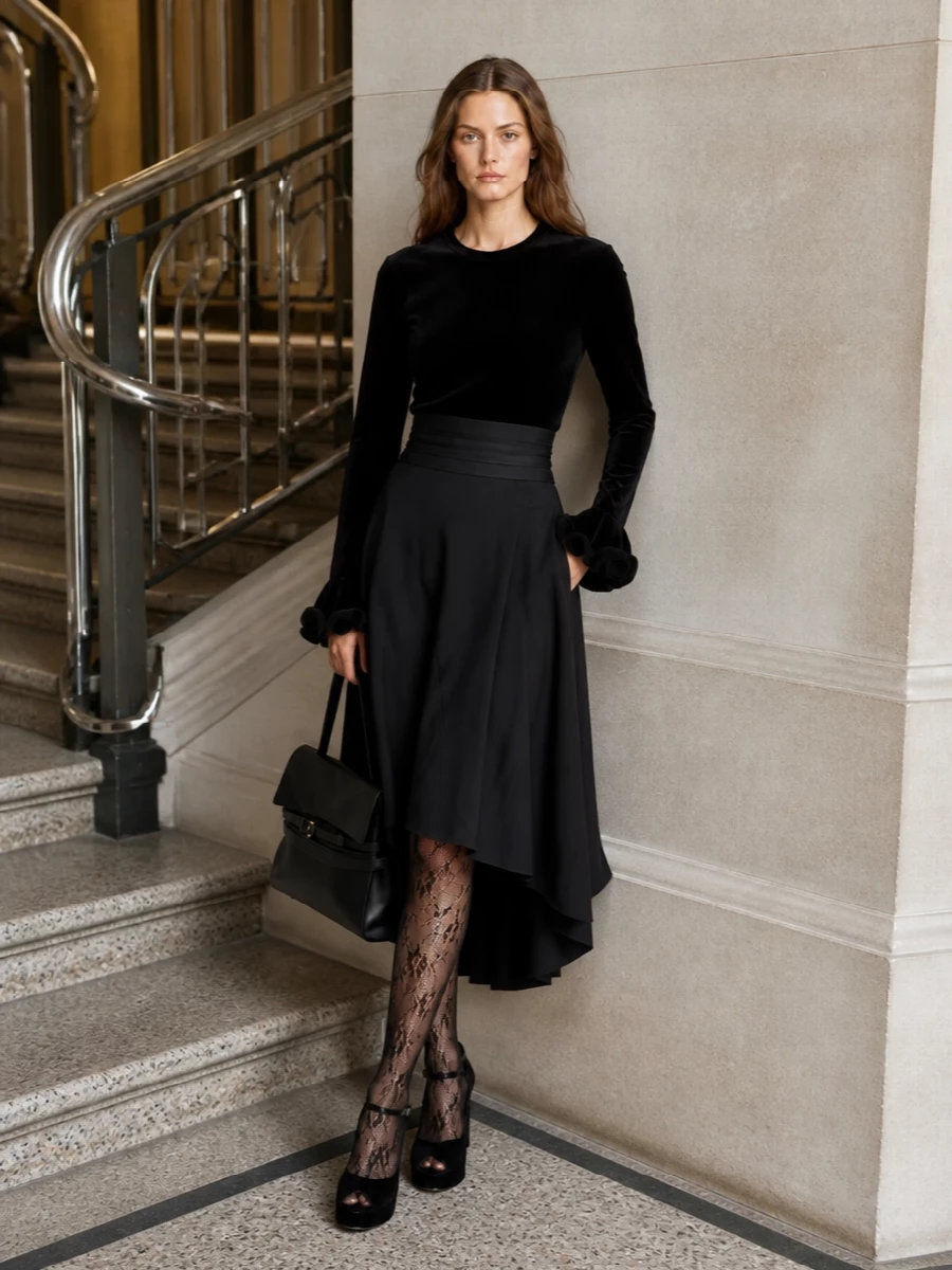 Moschino velvet blouse asymmetric midi skirt outfit