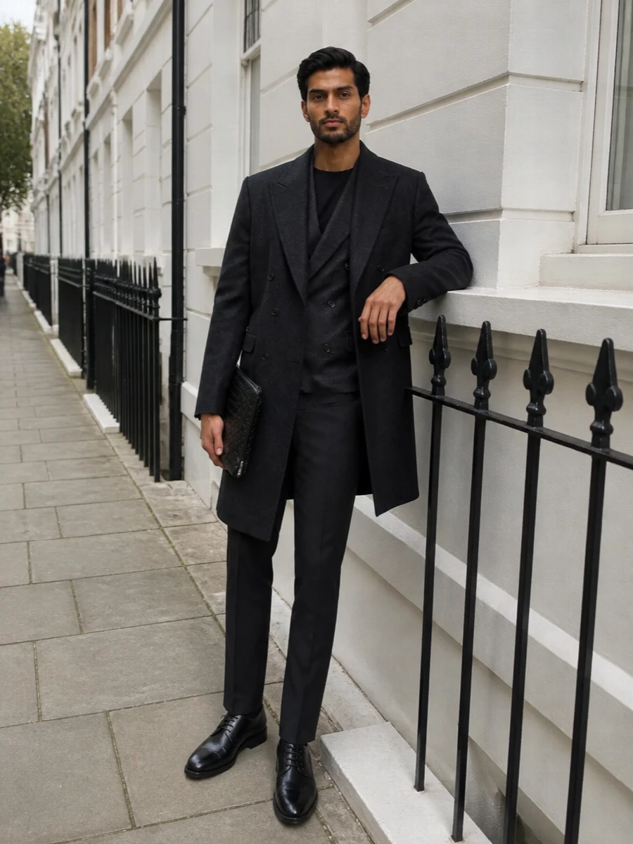 Tagliatore charcoal coat black derbies outfit