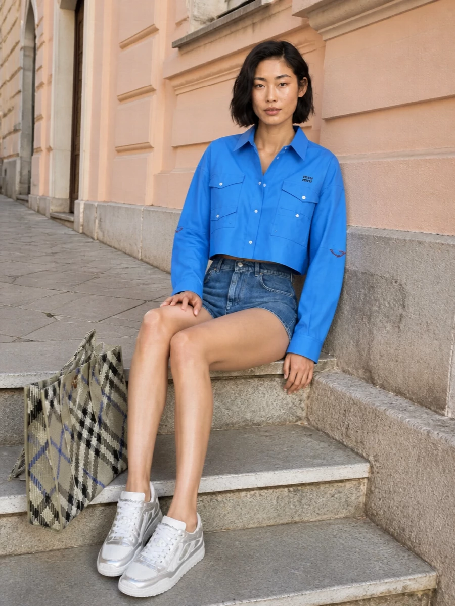 Crisp cobalt Miu Miu shirting sits against clean mid-wash Moschino denim for a sharp, leggy take on street-preppy dressing. A metallic-detailed Dior sneaker keeps the mood sporty and easy, while the structured Burberry tote adds just enough graphic texture for city days without stealing focus from the blue-on-blue story. The result feels confident, practical and distinctly designer, ideal for a warm-weather schedule that runs from errands to late brunch.