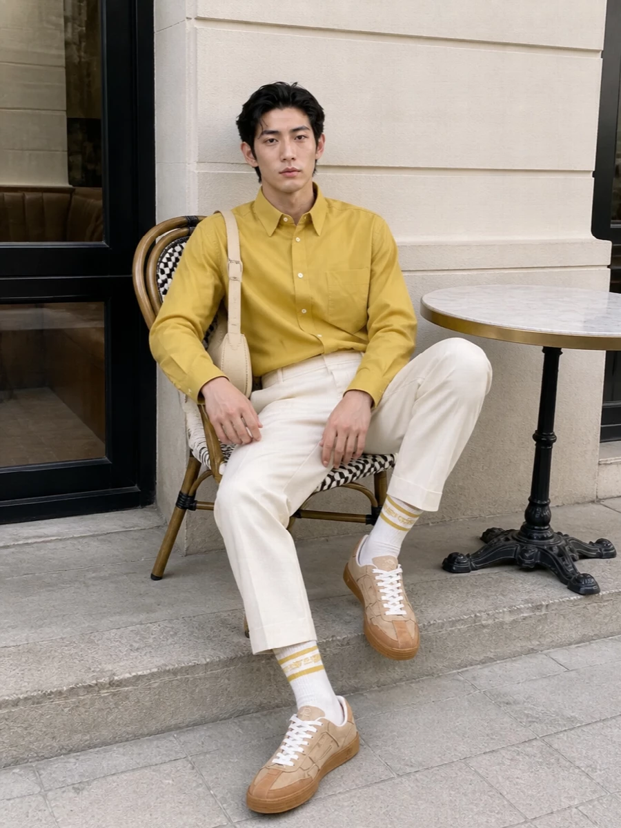 Ami’s mustard shirt sits against butter-cream tailoring for a warm, tonal take on smart city dressing. Tan sneakers keep the line relaxed without losing precision, while the slim buttercream shoulder bag reinforces the clean, minimalist feel. The result is quietly refined, ideal for days that move from office to dinner in a single stride.
