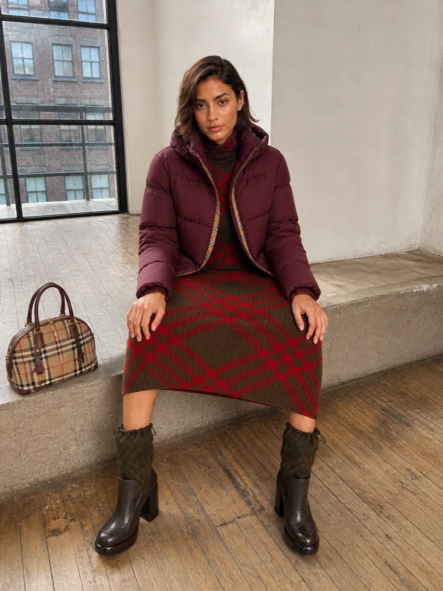 Burberry burgundy puffer checked knit midi dress