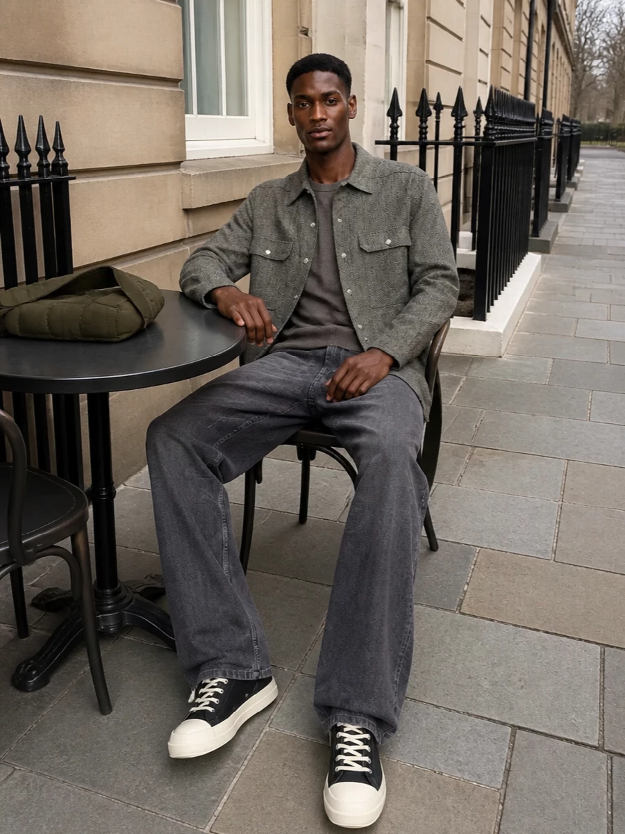 Rick owens shirt jacket wide leg jeans outfit