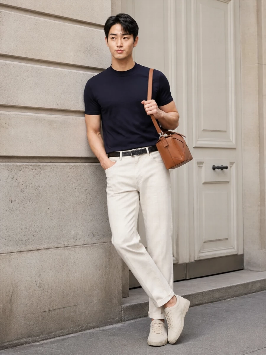 Brunello navy tee stone trousers quiet luxury outfit