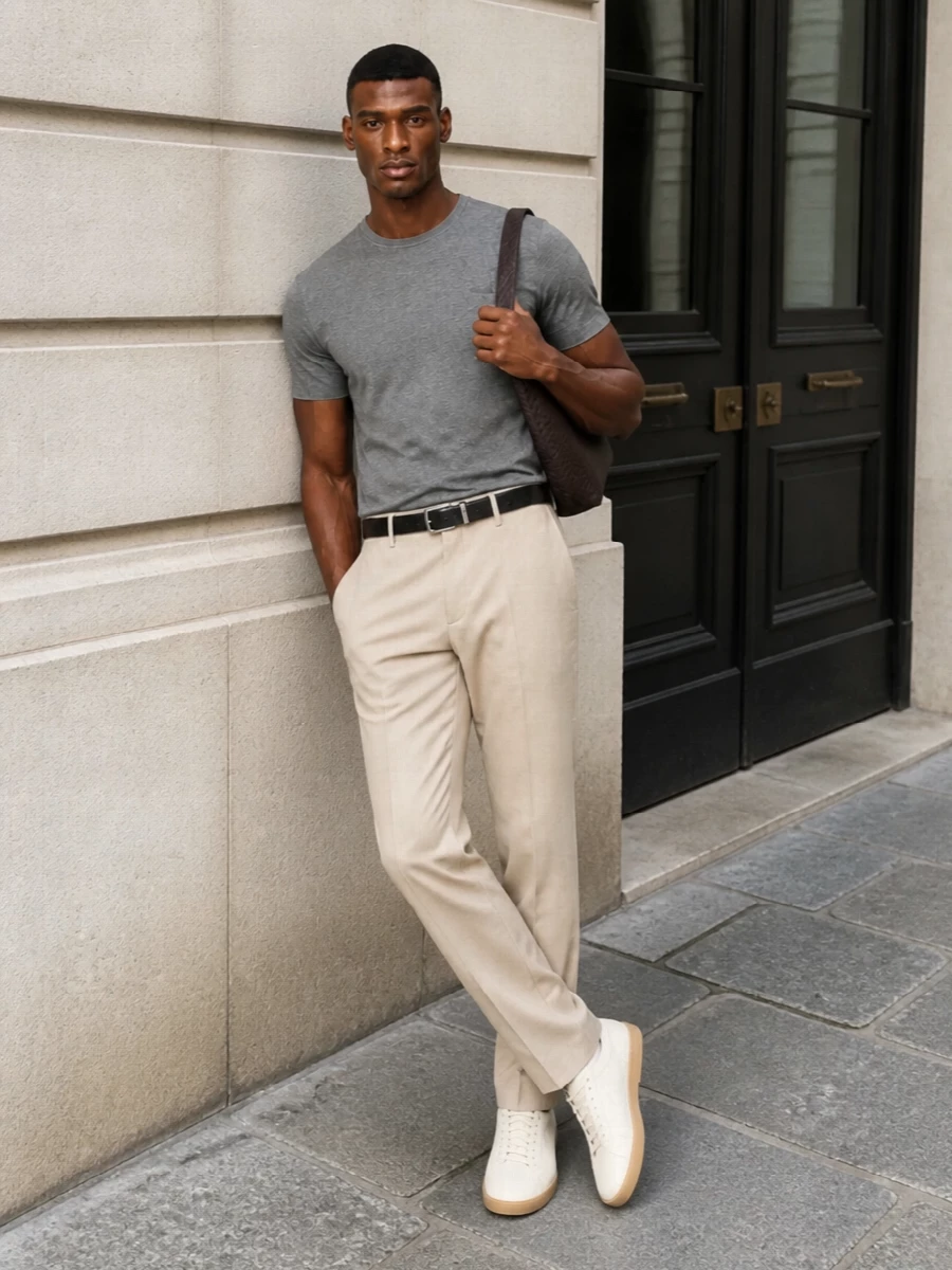 A medium-grey Zegna crewneck is paired with light beige tailored trousers for a quietly luxurious, summer-ready uniform that feels crisp yet effortless. Cream leather gum-sole sneakers keep the mood relaxed but polished, while the espresso crescent bag and slim black belt add just enough depth and structure without disturbing the clean, minimalist palette.