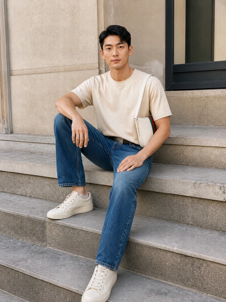Mid blue straight-leg denim pairs with a washed buttercream tee for a soft, sun-faded base that feels relaxed but deliberate. Off-white distressed sneakers keep the line clean from hip to floor, while the off-white Gucci crossbody and slim black belt add just enough structure and designer detail without disturbing the easy streetwear mood.