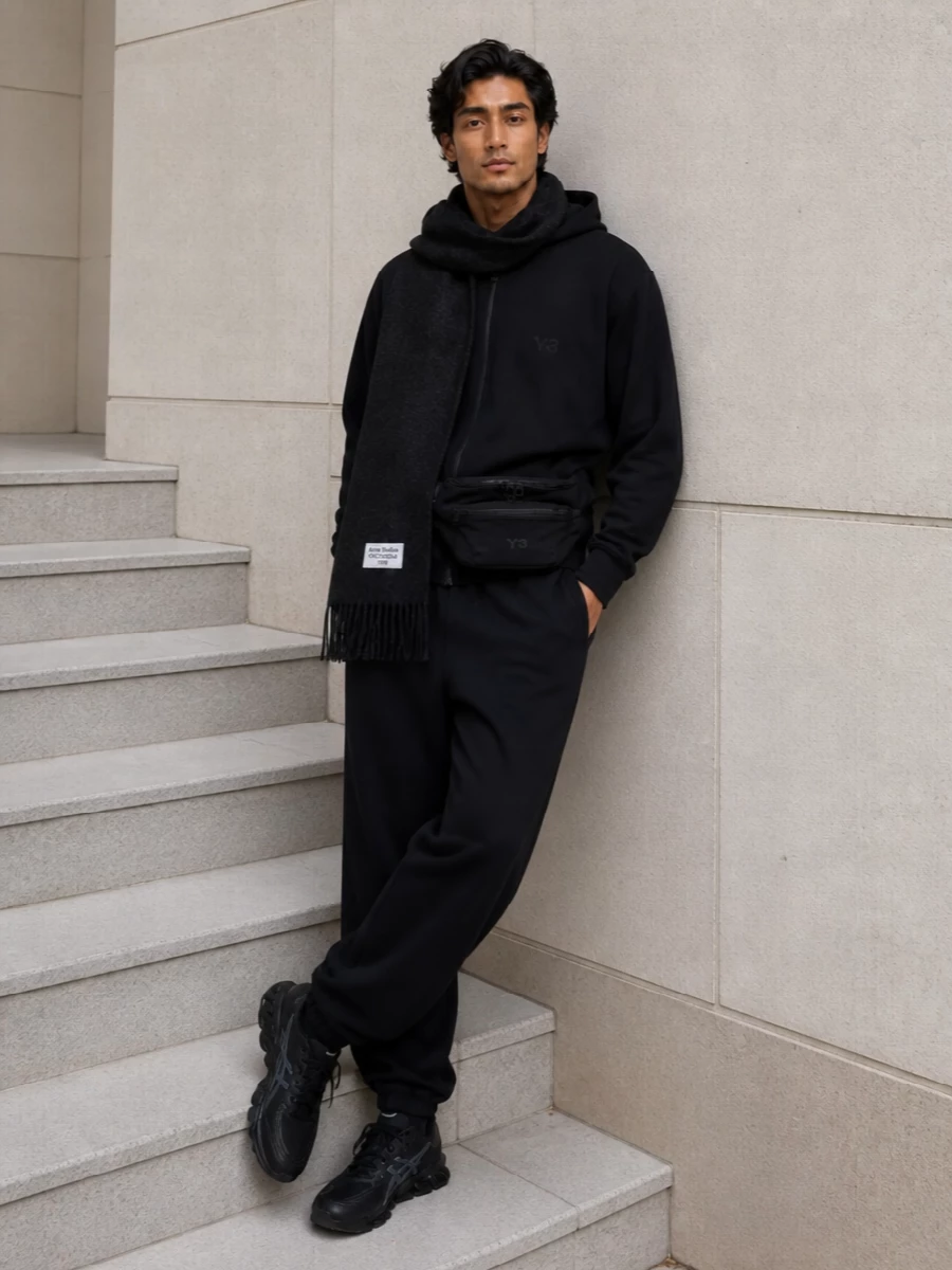 Y3 black hoodie outfit technical sneakers