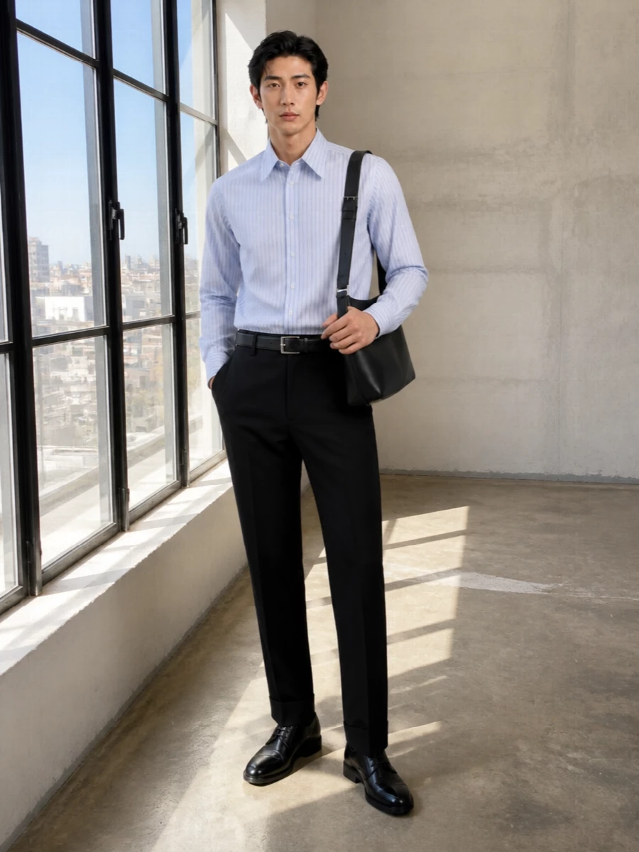 The striped Margiela shirt is framed by relaxed black tailored trousers and a sharply cut black derby, keeping the mood precise but not stiff. A streamlined Prada shoulder bag and clean black belt add structure and subtle hardware, reinforcing a controlled, modern palette of pale blue, black and charcoal. It reads as intelligent city tailoring that moves easily from afternoon meetings to understated dinners.