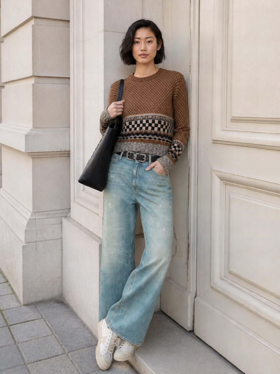Golden goose wide leg jeans cropped knit sneakers