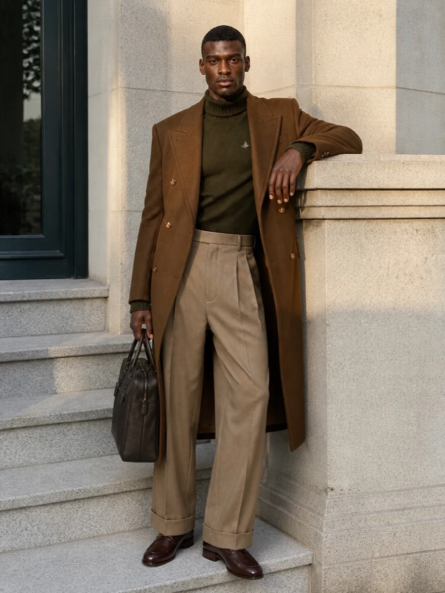 Vivienne Westwood’s long camel overcoat is treated almost like outer armor here, layered over a dark olive high-neck knit and sharply pleated camel wide-leg trousers for a tonal, elongated silhouette. Deep brown Valentino loafers and an espresso briefcase ground the warmth with quiet authority, creating a city uniform that reads considered, not fussy. The result feels contemporary and serious, with subtle color shifts doing the work instead of loud branding.