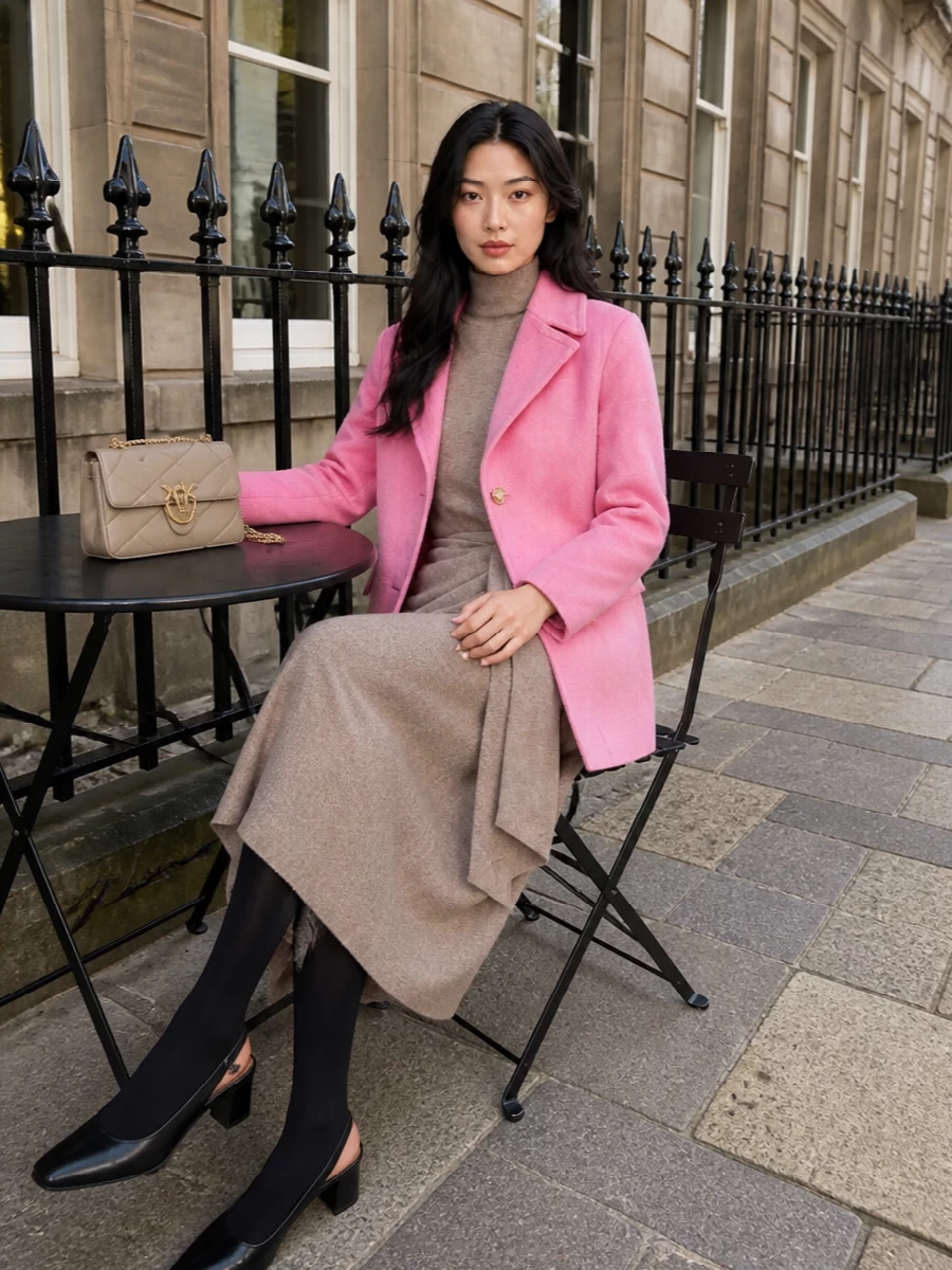 Max mara pink coat taupe knit dress outfit