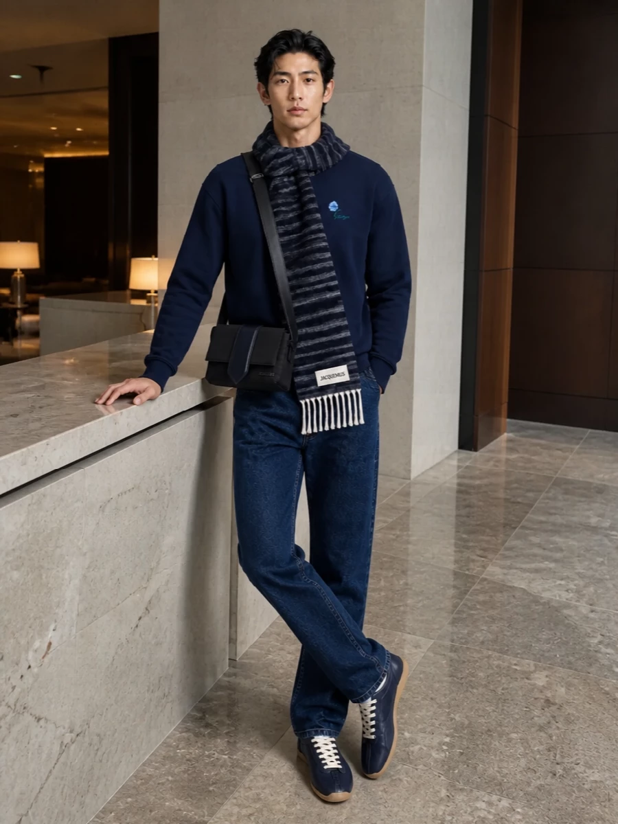 Kenzo dark indigo jeans navy sweatshirt outfit