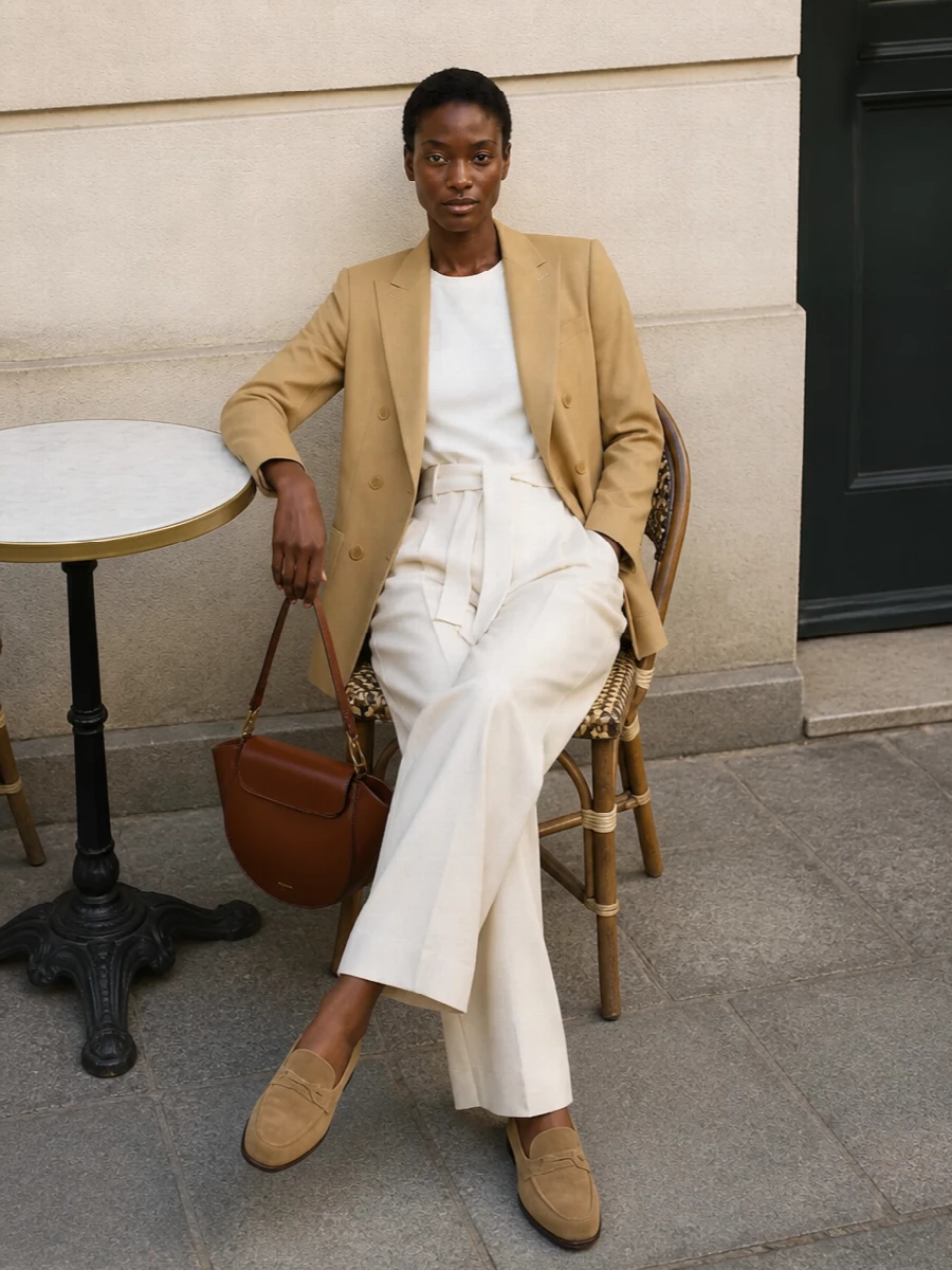 Max mara camel blazer wide leg trousers outfit