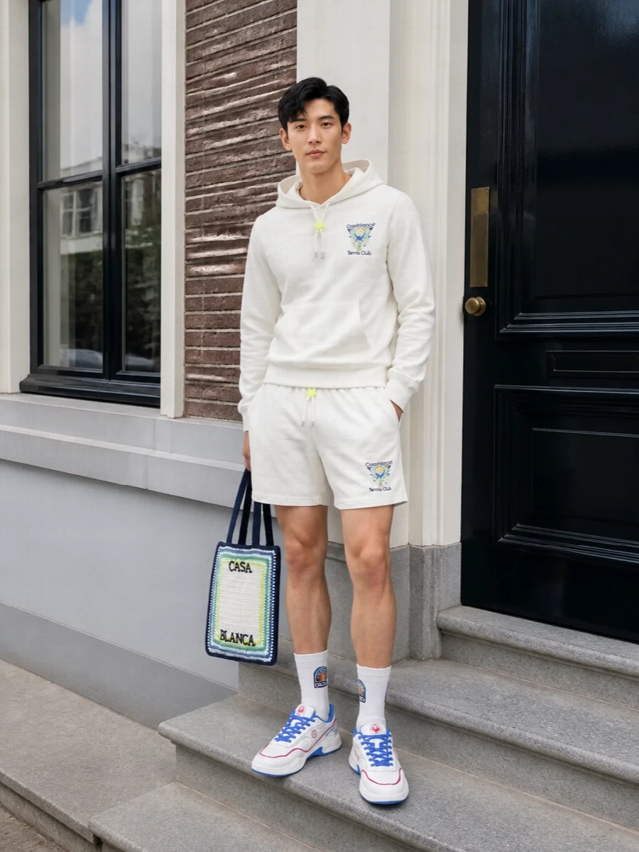 Casablanca tennis club hoodie white shorts outfit