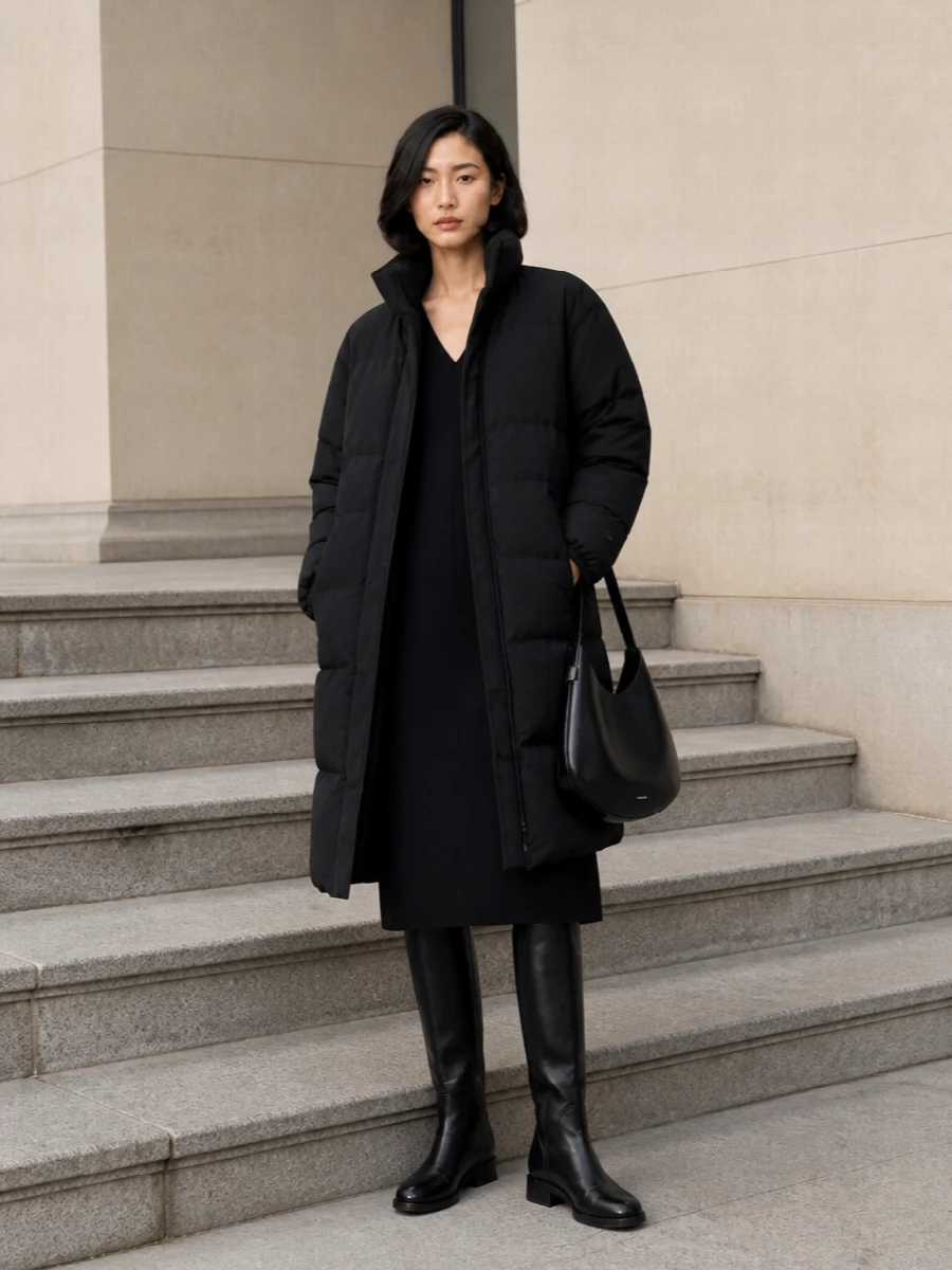 Jil sander black puffer coat shift dress outfit