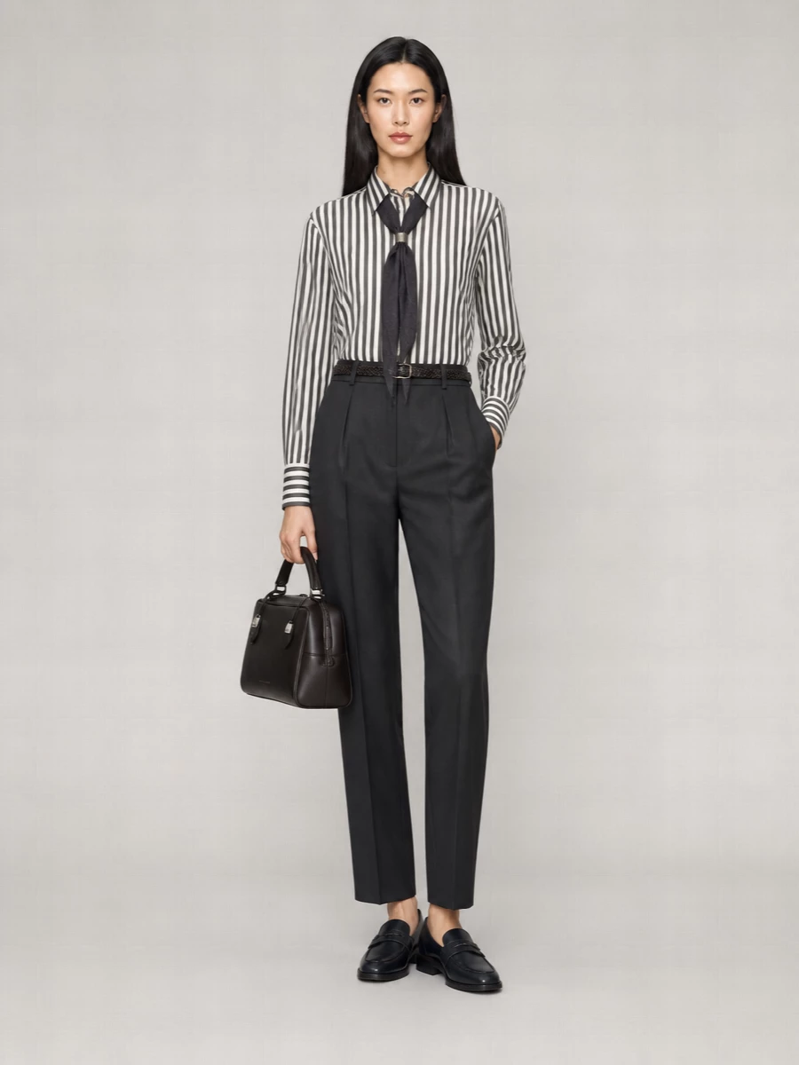 Brunello Cucinelli Striped Silk Long-Sleeve Shirt With Scarf