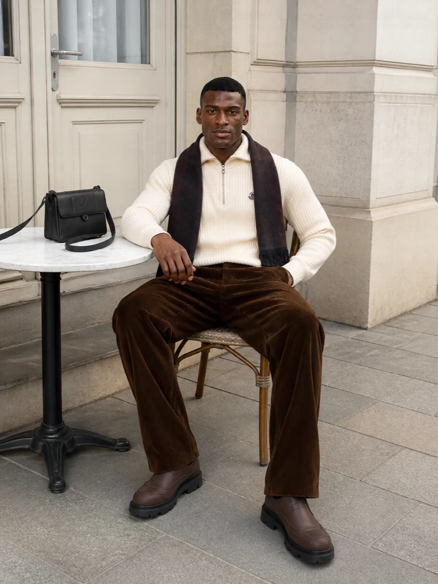 Moncler corduroy trousers cream half zip outfit