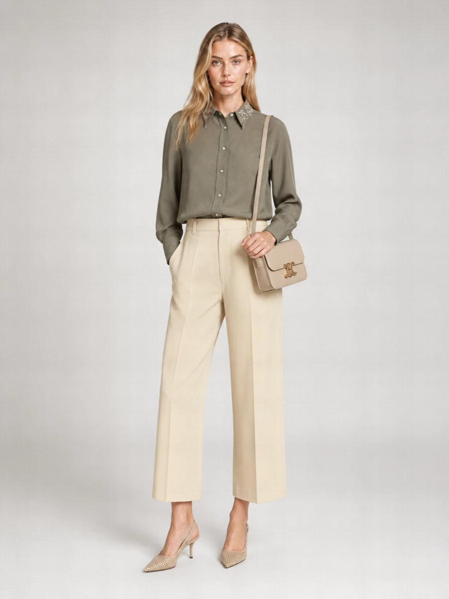 Brunello Cucinelli Linen Sequin-Embroidered Collar Shirt