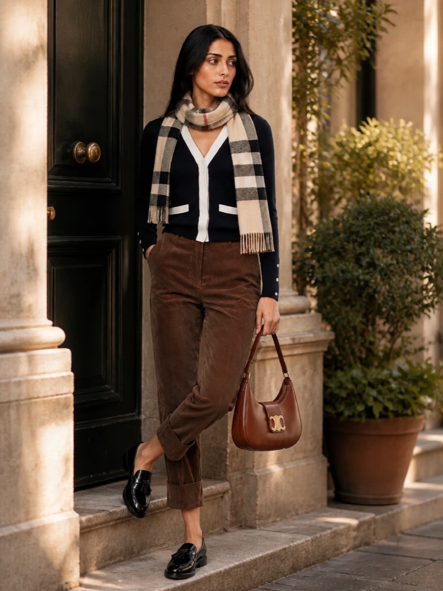 Thom browne cardigan camel corduroy trousers outfit