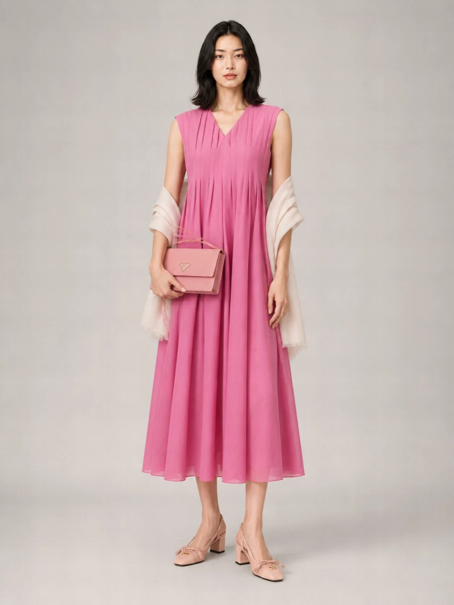 S Max Mara Ramie Cotton Sleeveless V-Neck Midi Dress