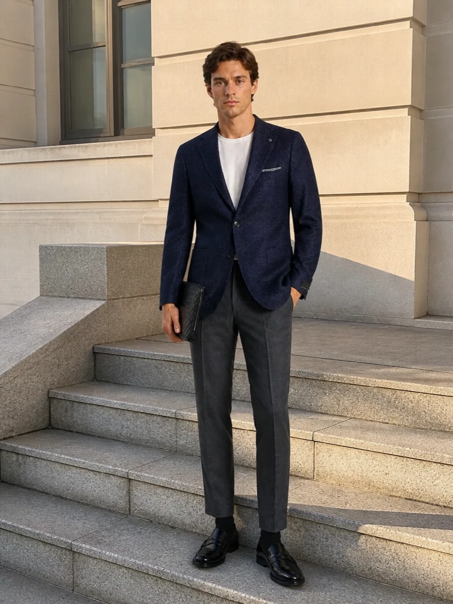 Tagliatore navy blazer charcoal trousers styling
