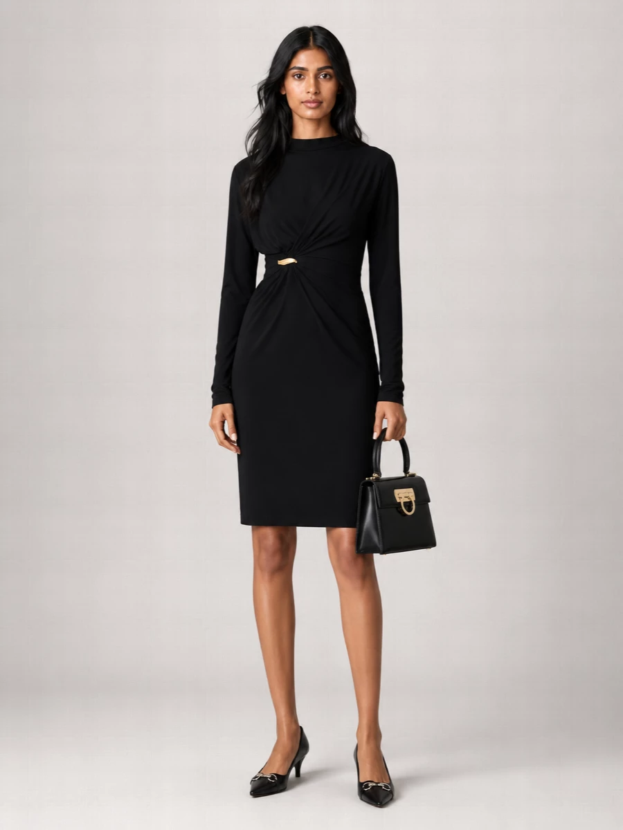 This is a pure evening column built around the Bottega Veneta dress and the Gucci kitten-heel pump, both speaking the same language of sharp black tailoring and discreet metal hardware. The fitted, long-sleeve silhouette keeps the line clean and commanding, while the gold twist detail and the structured Ferragamo mini add just enough gleam to feel considered rather than ornate. Choosing a dress over separates keeps the mood precise and uninterrupted, letting texture and proportion do the work instead of multiple layers of tailoring.