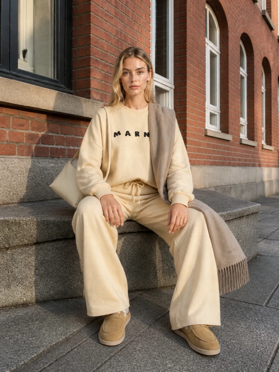 Marni beige sweatshirt cream knit pants outfit