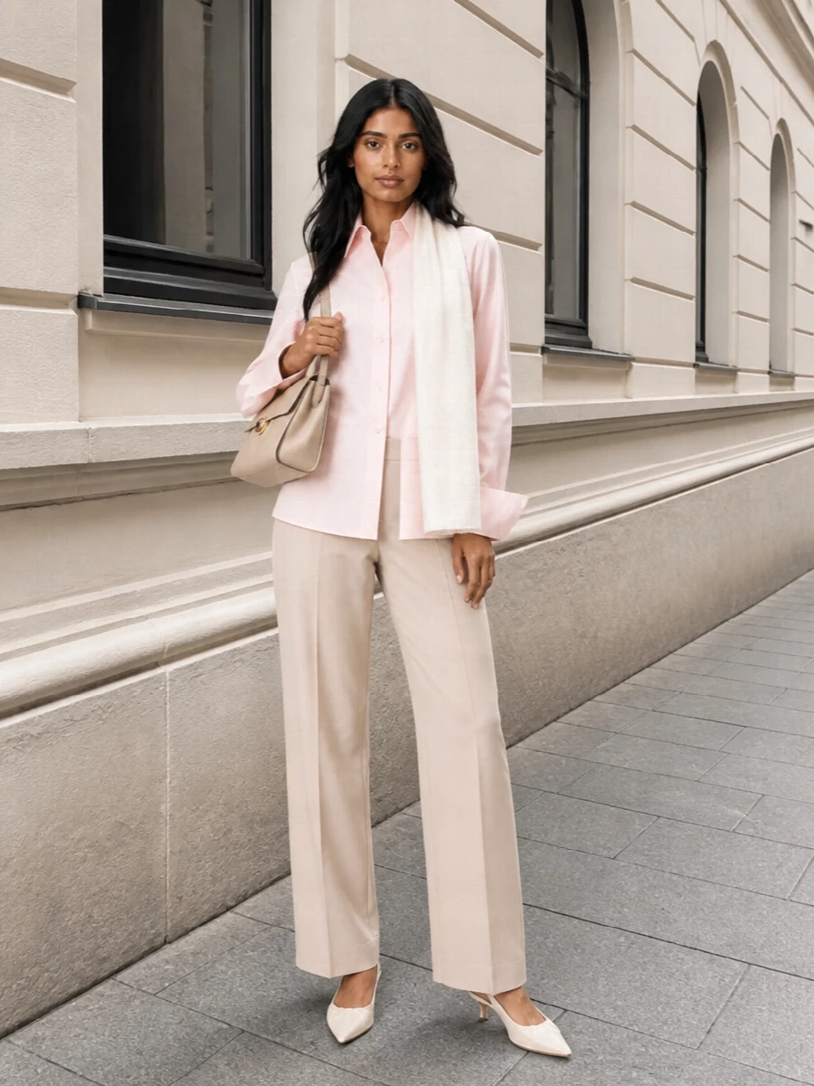 Fendi blush shirt beige wide leg trousers outfit