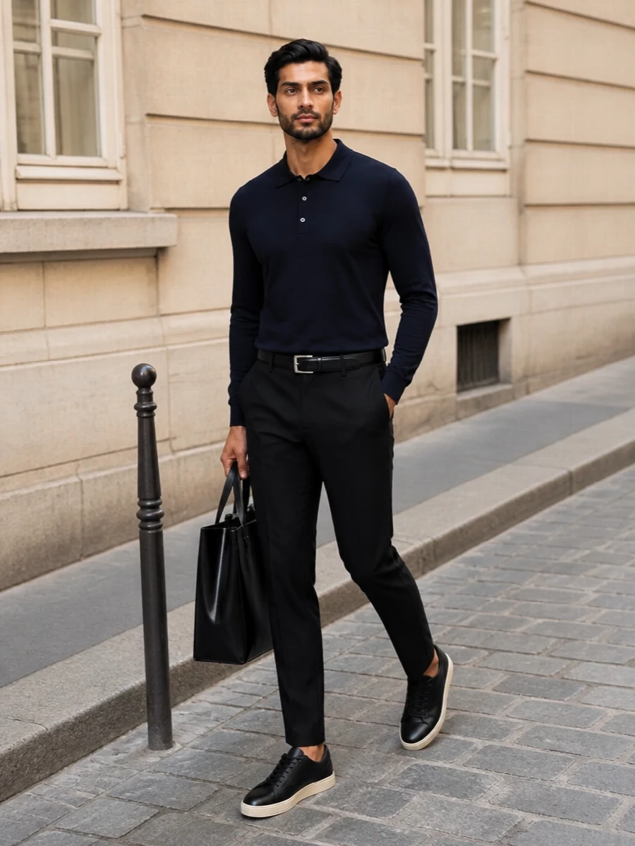 A midnight Tom Ford knit polo is paired with slim black tailored trousers for a quietly authoritative, elongated silhouette. Black leather low-top sneakers with a crisp contrast sole relax the formality just enough, while a glossy structured tote and a pared-back black belt keep the look razor-clean and confidently understated for spring–summer city wear.