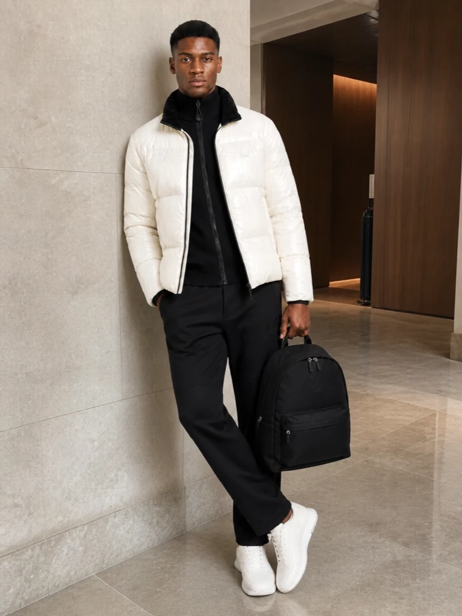 Moncler bomber black trousers white sneakers