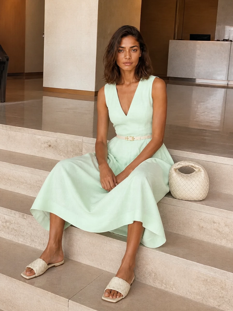 Bottega mint midi dress cream flats bag