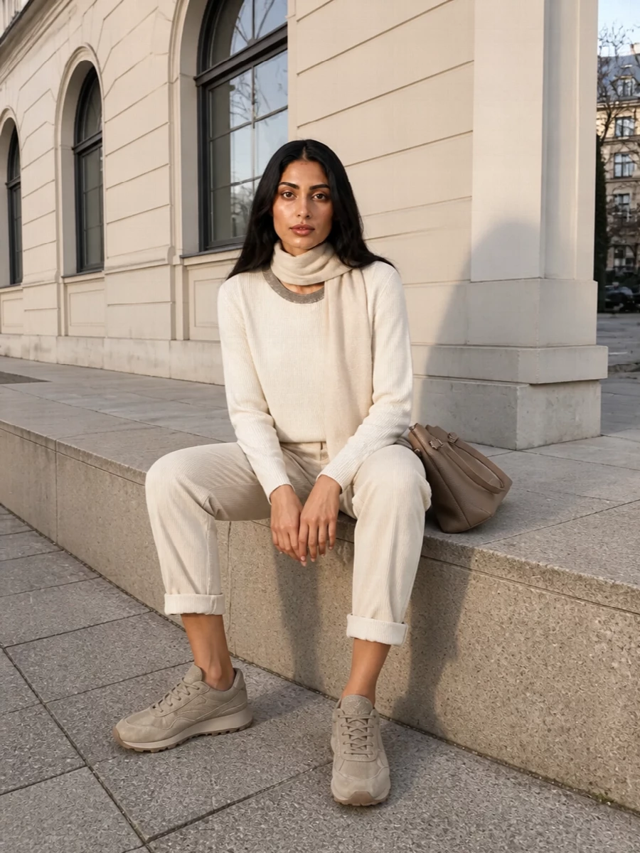 Brunello cucinelli cream sweater beige trousers outfit
