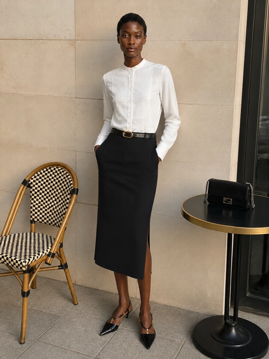 Fendi black pencil skirt white tuxedo shirt outfit