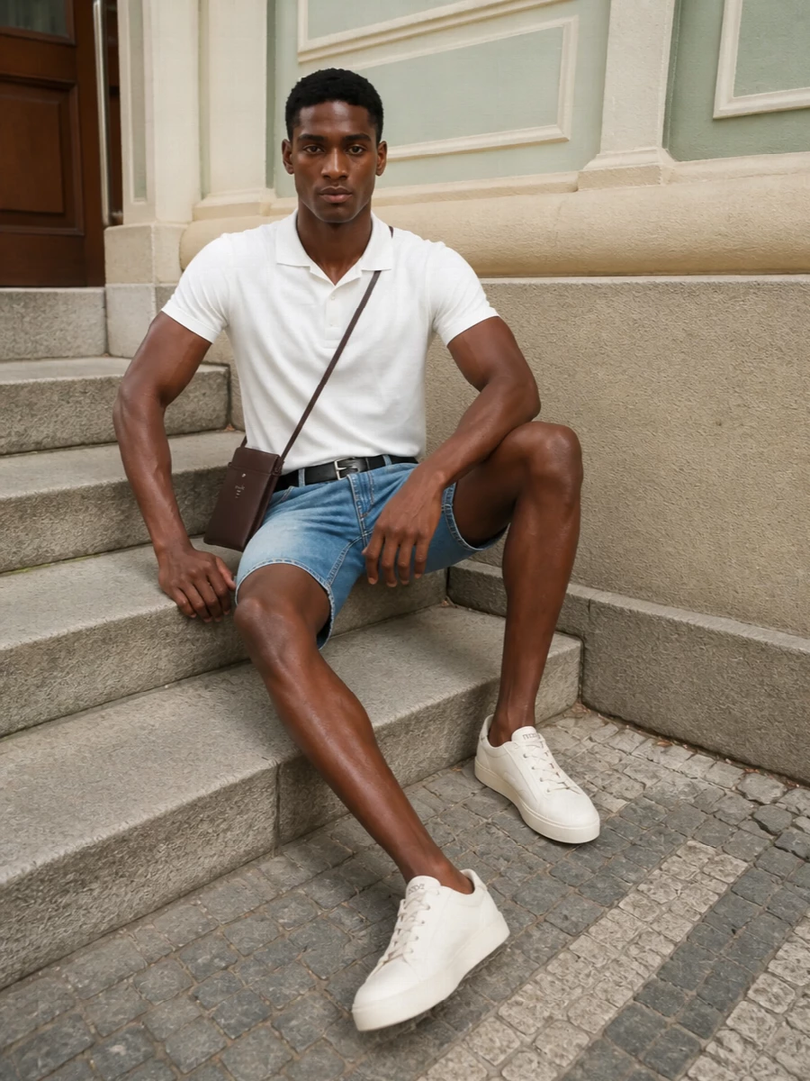 Courreges denim shorts white polo tods sneakers