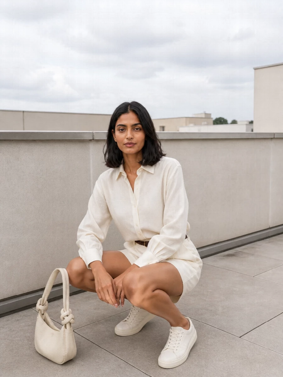 An ivory-on-ivory palette keeps the tailored shorts and relaxed shirt quietly refined, ideal for warm days when you still want structure. Off-white sneakers keep it grounded and easy, while a sculptural ivory shoulder bag and slim braided belt add just enough texture without disturbing the calm. The result is a clean, neutral summer uniform that moves smoothly from café meetings to weekend city walks.