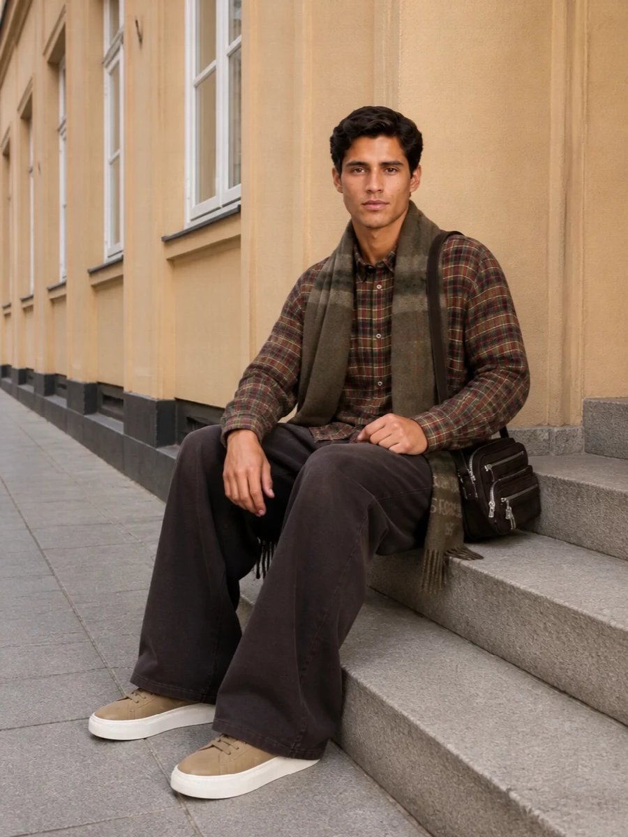 Acne studios plaid shirt brown wide leg outfit