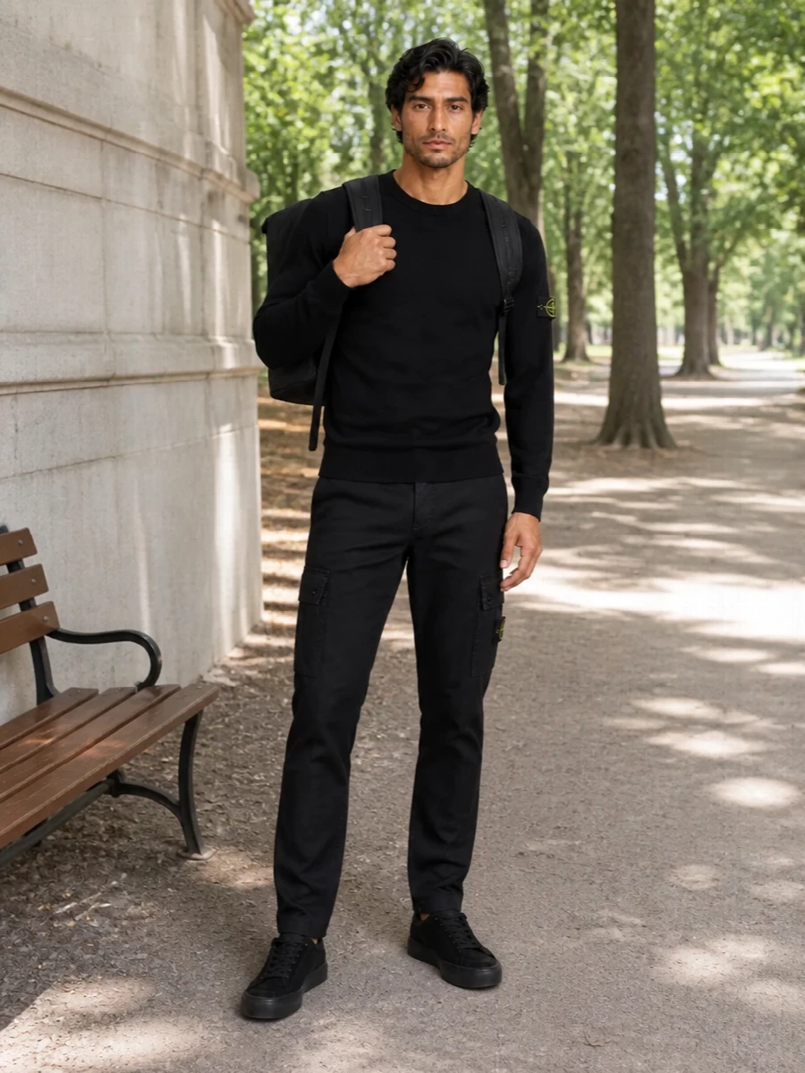 Stone island black sweater cargo pants outfit