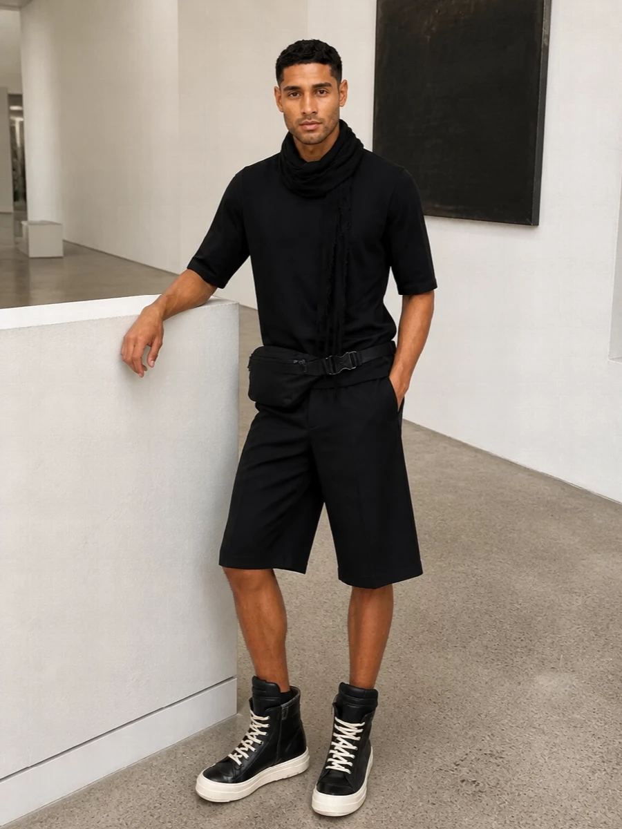 Rick owens black tailored shorts high top outfit