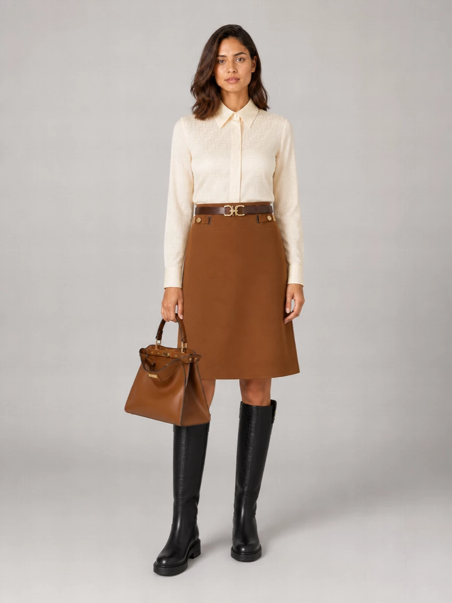 Fendi Linen Blend High-Rise Midi A-Line Skirt
