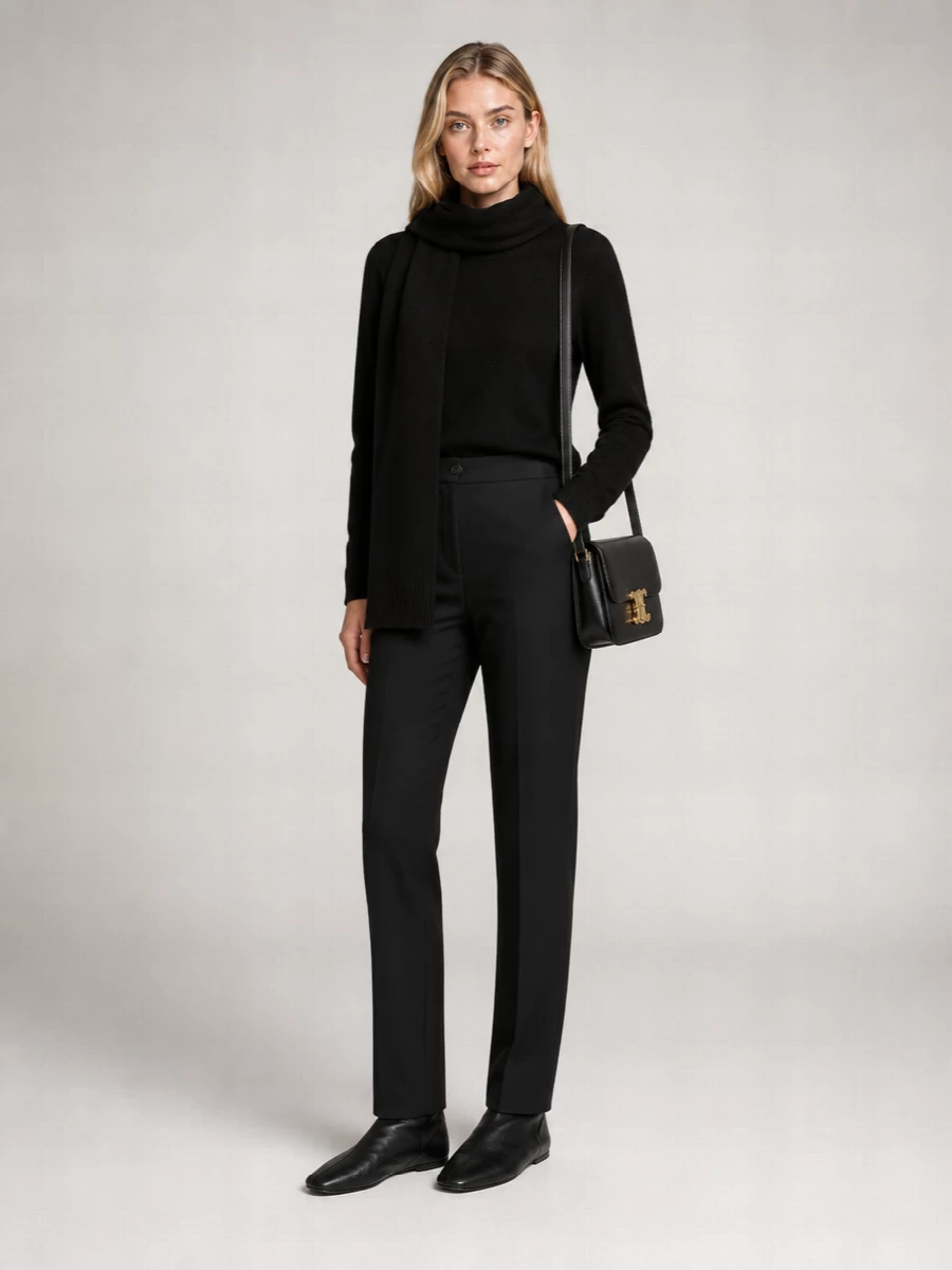 Pure, monochrome restraint: the black Extreme Cashmere crewneck meets a straight, tailored black trouser for a knit-on-tailoring combination that reads calm and considered rather than severe. The Row’s soft ankle boots and Celine’s structured shoulder bag keep everything in the same quiet-luxury register, sharpening the lines without adding noise. A long black scarf from The Row adds depth and verticality, so the proportions stay sleek even in full winter layers.