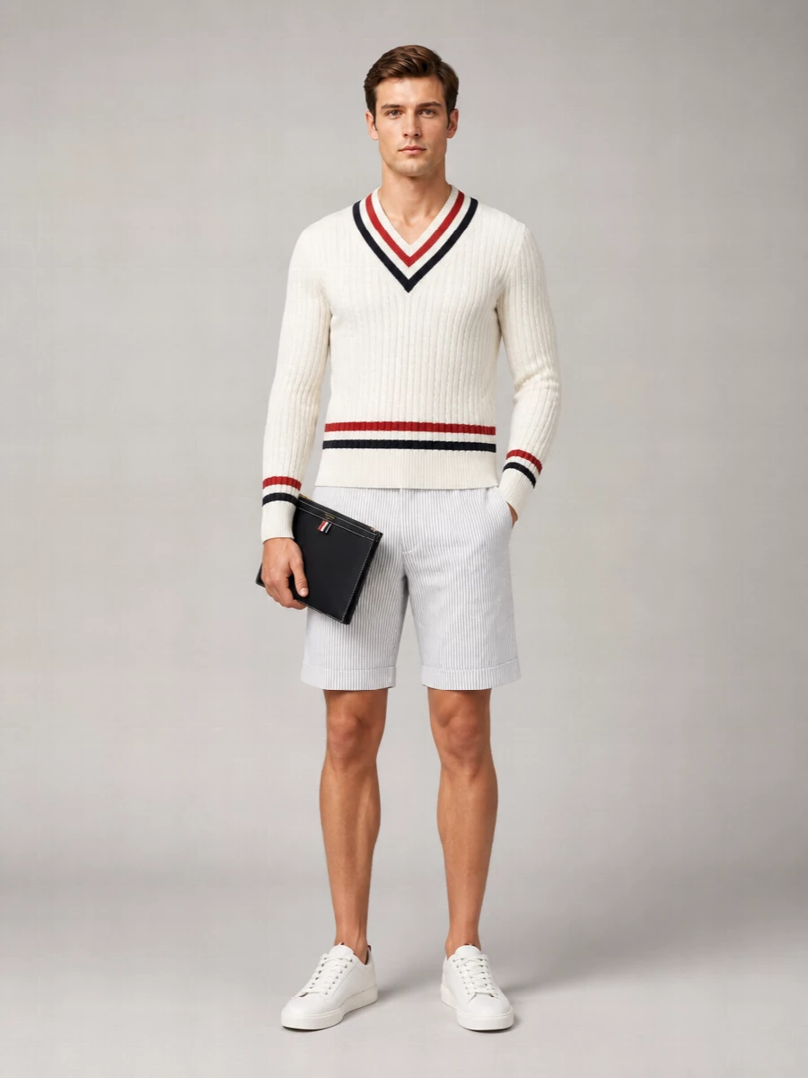 Thom Browne Cotton Cable-Knit Intarsia V-Neck Sweater